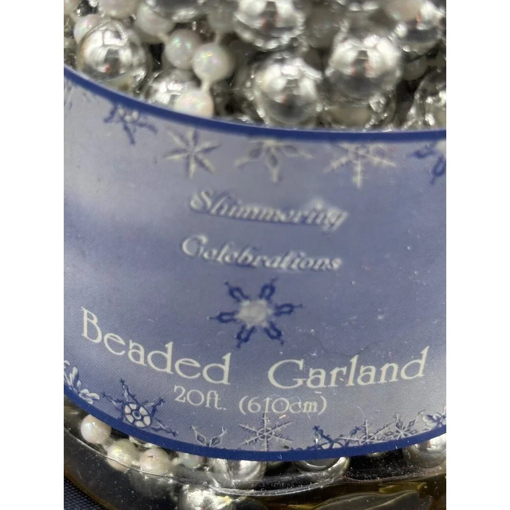 Vintage Silver and White Iridescent Beaded Garland 20 ft Shimmering Celebrations